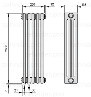 Схема (чертеж) Радиатор Zehnder Charleston 4280/5 №3370 Белый глянцевый RAL 9016